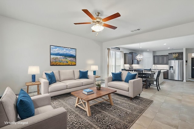 9100 Pearfield Rd, Fort Worth, TX 76179 - living room featuring light tile patterned flooring, visible vents, recessed lighting, and a ceiling fan