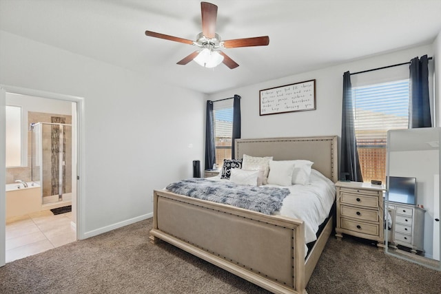 9100 Pearfield Rd, Fort Worth, TX 76179 - tiled bedroom with carpet flooring, a ceiling fan, connected bathroom, and baseboards
