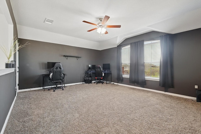 9100 Pearfield Rd, Fort Worth, TX 76179 - interior space with carpet flooring, lofted ceiling, baseboards, visible vents, and ceiling fan