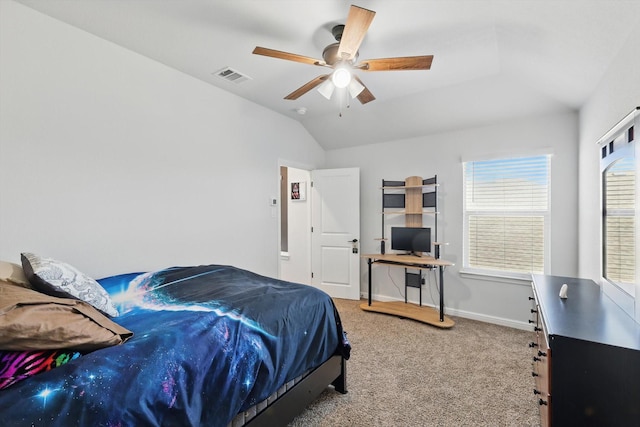 9100 Pearfield Rd, Fort Worth, TX 76179 - bedroom with lofted ceiling, carpet flooring, baseboards, visible vents, and a ceiling fan