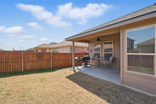 9100 Pearfield Rd, Fort Worth, TX 76179 - view of yard with a ceiling fan, fence, and a patio