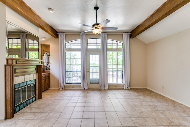 5915 Volunteer Pl, Rockwall, TX 75032 - doorway to outside featuring a ceiling fan, light tile patterned floors, baseboards, and a tile fireplace
