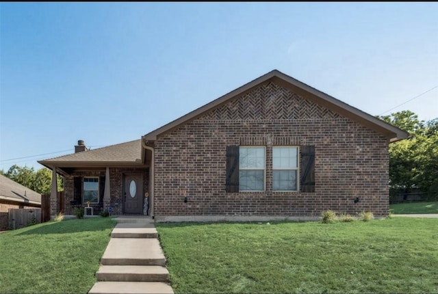 7945 Downe Dr, White Settlement, TX 76108 - view of front of property with brick siding, a front lawn, and a chimney