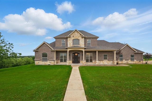 view of front of home with brick siding, a shingled roof, and a front lawn