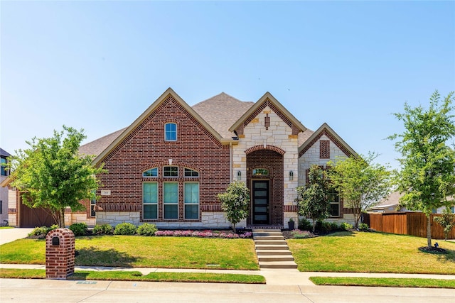749 Lazy Brooke Dr, Rockwall, TX 75087 - view of front facade with stone siding, fence, a front yard, brick siding, and roof with shingles