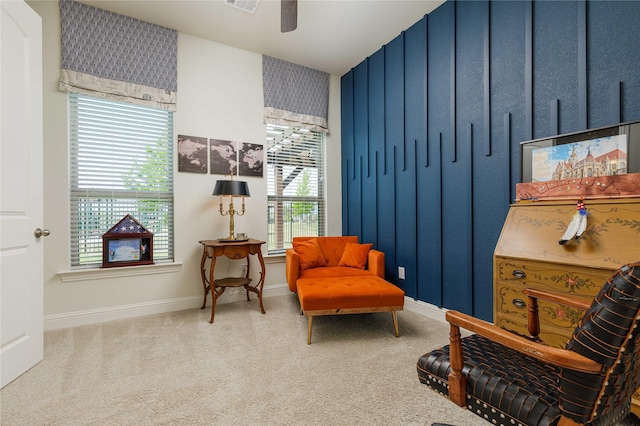 749 Lazy Brooke Dr, Rockwall, TX 75087 - sitting room with visible vents, baseboards, carpet flooring, and ceiling fan