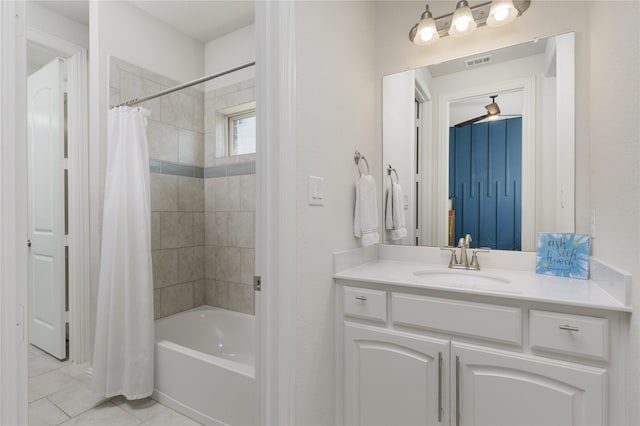 749 Lazy Brooke Dr, Rockwall, TX 75087 - bathroom featuring tile patterned floors, shower / bath combo with shower curtain, visible vents, and vanity