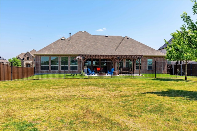 749 Lazy Brooke Dr, Rockwall, TX 75087 - rear view of house featuring brick siding, fence, and a lawn