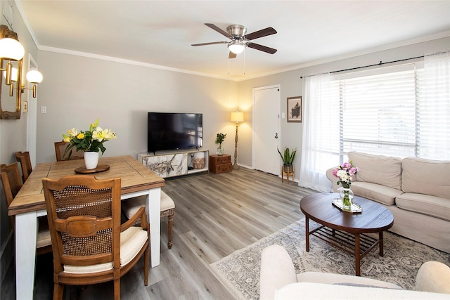 11114 Valleydale Dr Unit D, Dallas, TX 75230 - living area featuring light wood-type flooring, ceiling fan, crown molding, and baseboards