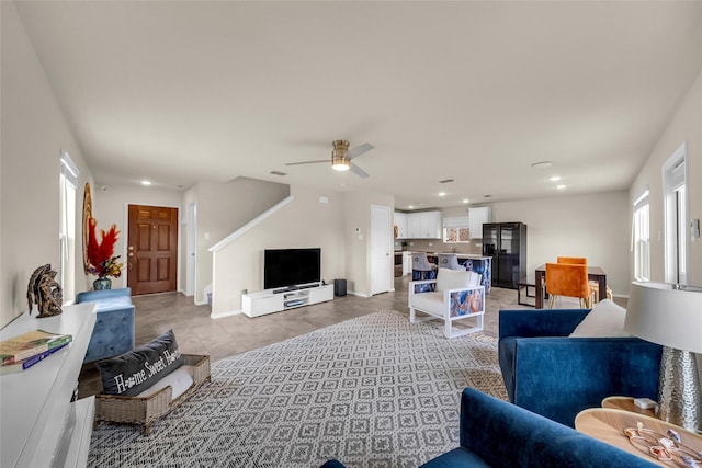 1718 Ackerly Dr, Forney, TX 75126 - living area with recessed lighting, plenty of natural light, a ceiling fan, baseboards, and light tile patterned flooring