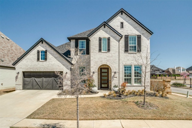 1645 Lilac Ln, Celina, TX 75009 - french country home with a garage, concrete driveway, brick siding, and a front lawn