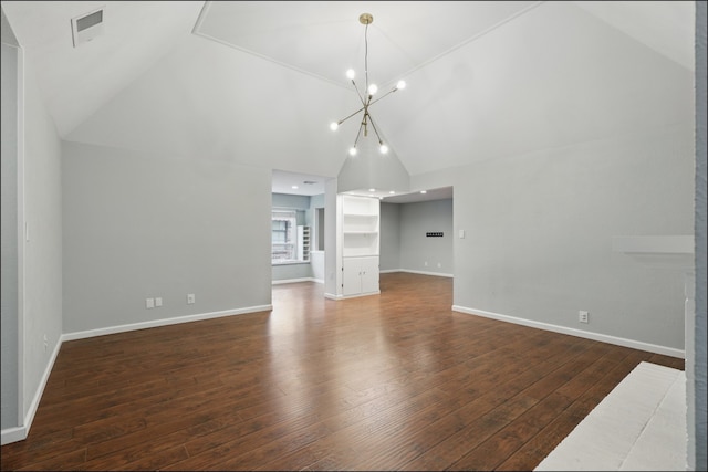 unfurnished dining area featuring baseboards, dark wood-type flooring, a chandelier, and visible vents