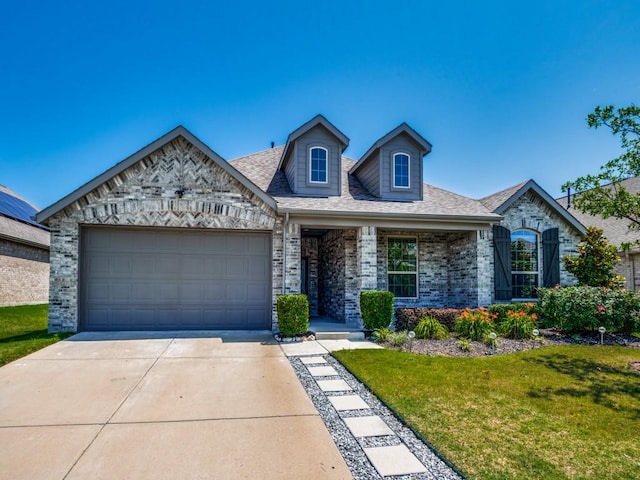 view of front of property featuring roof with shingles, an attached garage, driveway, brick siding, and a front yard
