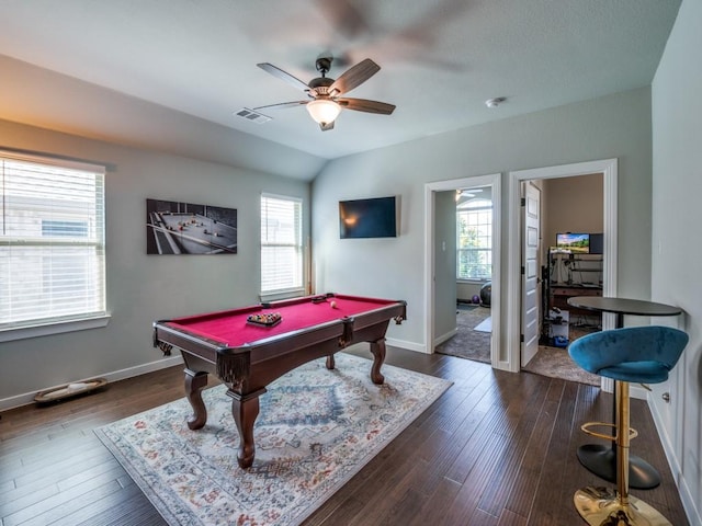 rec room with ceiling fan, visible vents, billiards, and dark wood-style flooring