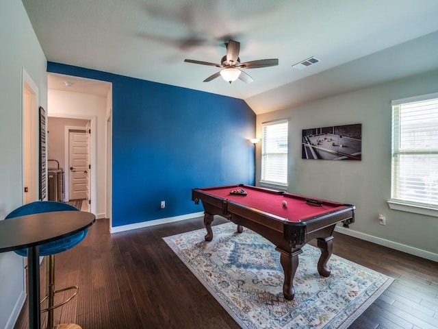 rec room featuring a ceiling fan, wood finished floors, pool table, baseboards, and visible vents