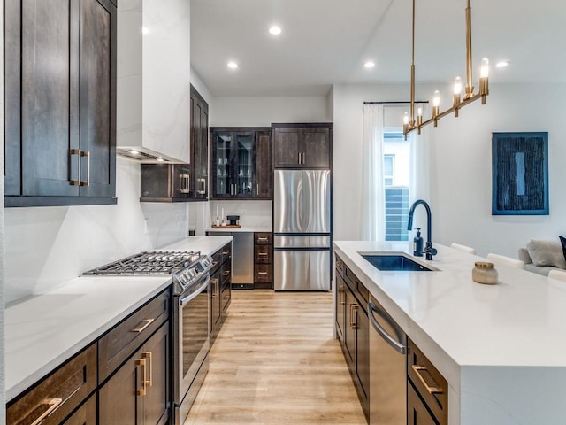kitchen featuring a sink, appliances with stainless steel finishes, glass insert cabinets, light wood-type flooring, and wall chimney range hood