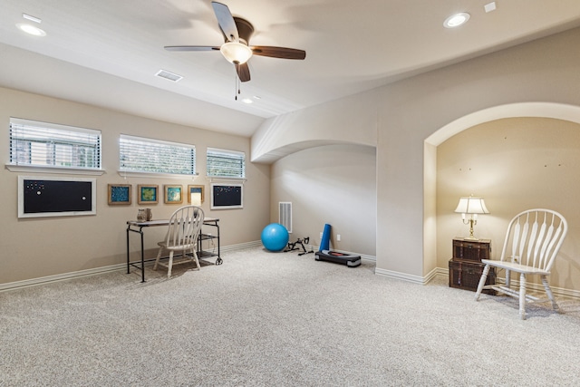 4513 Cherokee Dr, Mckinney, TX 75072 - workout area with recessed lighting, a ceiling fan, visible vents, and carpet floors