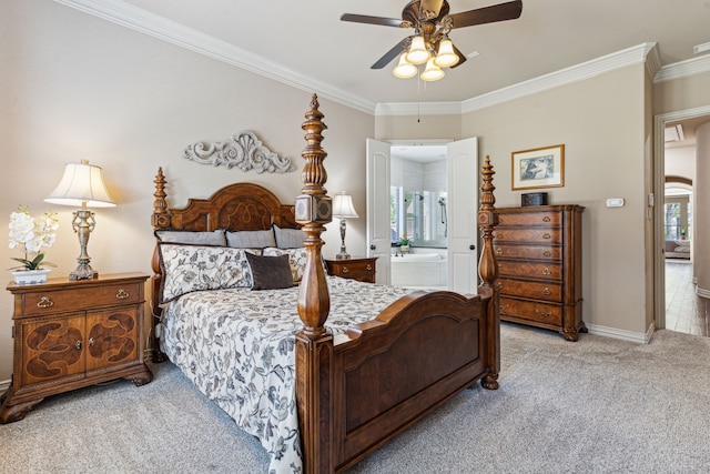 4513 Cherokee Dr, Mckinney, TX 75072 - bedroom with ensuite bathroom, ceiling fan, ornamental molding, light carpet, and baseboards