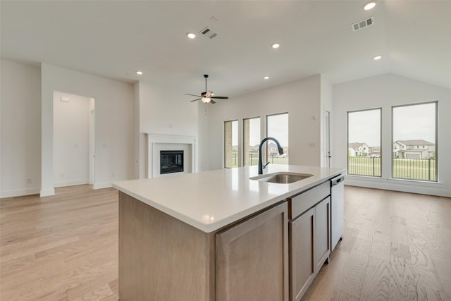 kitchen featuring light wood-type flooring, a sink, a ceiling fan, and visible vents