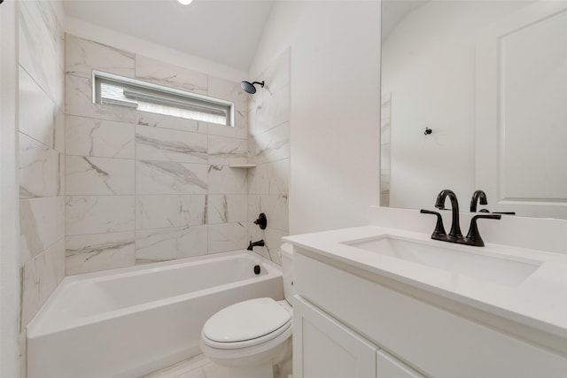 full bath featuring vanity, shower / bathtub combination, and toilet