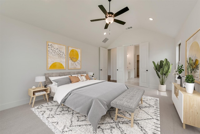 bedroom featuring recessed lighting, vaulted ceiling, light colored carpet, and visible vents
