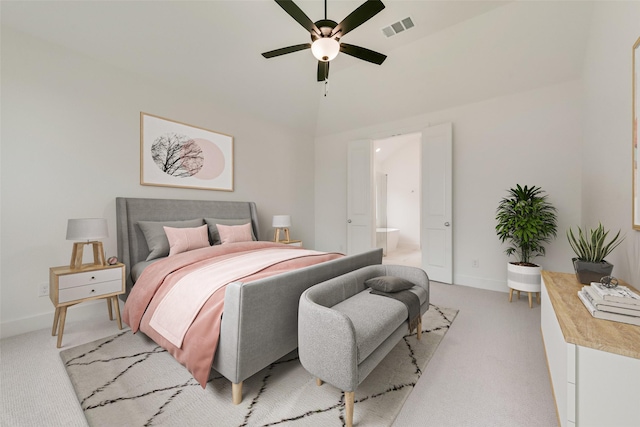 1151 Nora Ln, Forney, TX 75126 - bedroom with light colored carpet, baseboards, ensuite bath, ceiling fan, and high vaulted ceiling