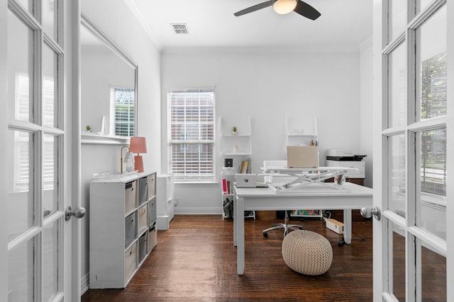 1891 Mustang Trl, Frisco, TX 75033 - home office with ornamental molding, dark wood-type flooring, and a ceiling fan