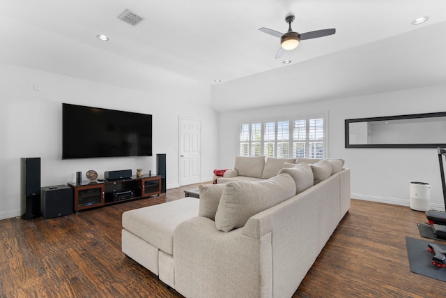 1891 Mustang Trl, Frisco, TX 75033 - living room with wood finished floors, ceiling fan, recessed lighting, and lofted ceiling