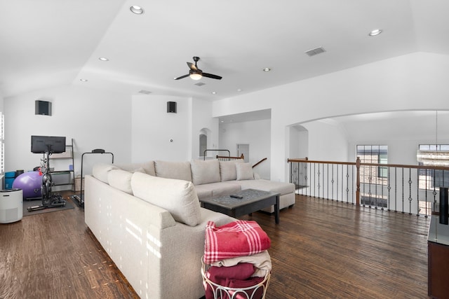 1891 Mustang Trl, Frisco, TX 75033 - living room with a ceiling fan, lofted ceiling, wood finished floors, recessed lighting, and arched walkways