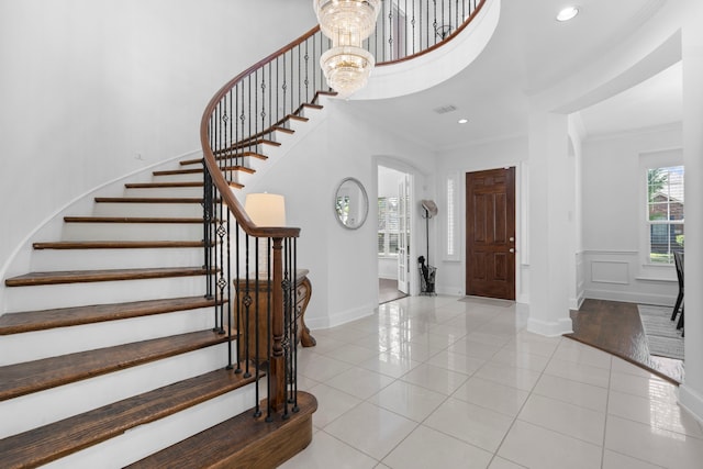 1891 Mustang Trl, Frisco, TX 75033 - tiled entrance foyer featuring stairway, ornamental molding, and recessed lighting
