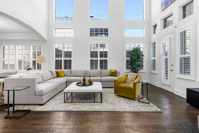 1891 Mustang Trl, Frisco, TX 75033 - living room featuring plenty of natural light, a towering ceiling, arched walkways, and wood finished floors