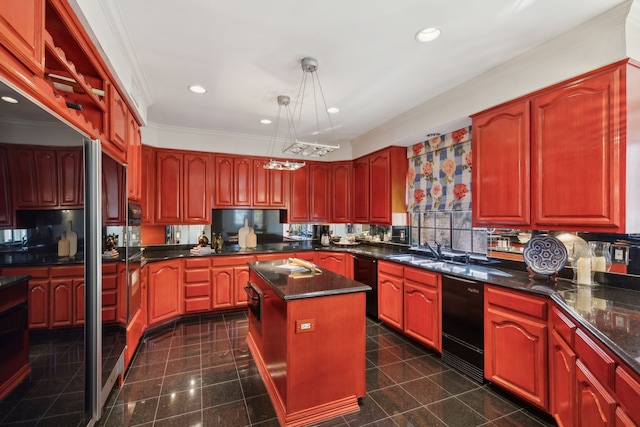 kitchen featuring crown molding, recessed lighting, a center island, granite finish floor, and dishwasher