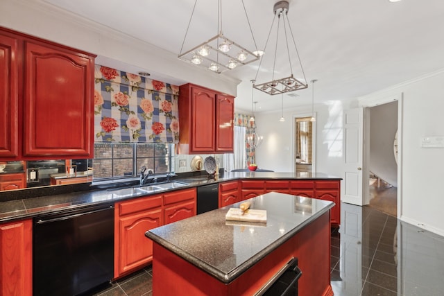 kitchen featuring crown molding, a sink, dishwasher, dark countertops, and decorative light fixtures