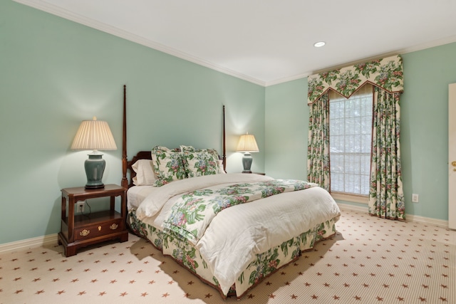 bedroom featuring ornamental molding, carpet, and baseboards