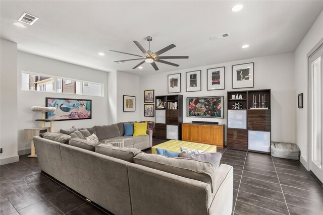 276 Currie St, Fort Worth, TX 76107 - living room with visible vents, ceiling fan, and recessed lighting