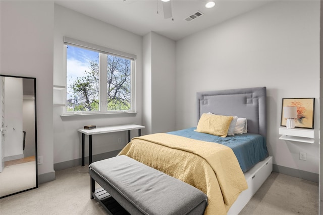 276 Currie St, Fort Worth, TX 76107 - bedroom featuring light carpet, baseboards, a ceiling fan, and visible vents