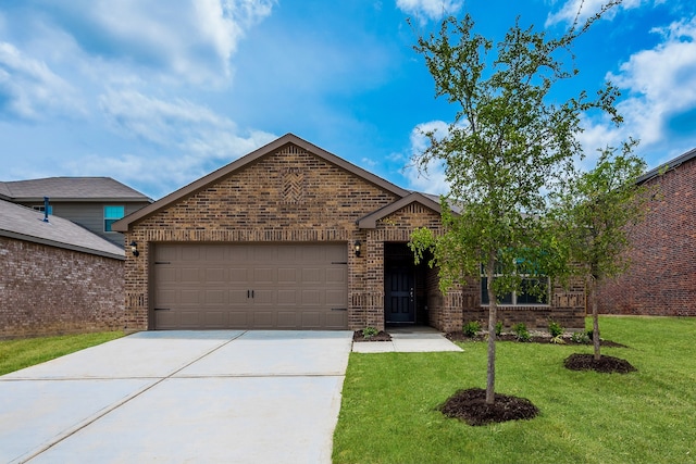 ranch-style home featuring brick siding, a front yard, concrete driveway, and an attached garage