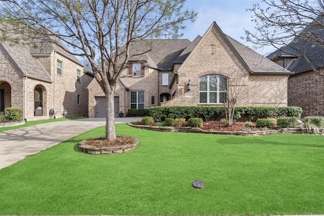 french country style house featuring brick siding, a front lawn, a garage, and concrete driveway