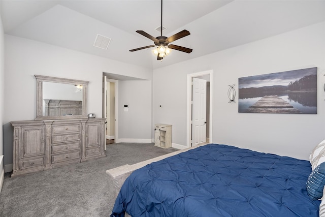 carpeted bedroom featuring baseboards, a ceiling fan, and visible vents