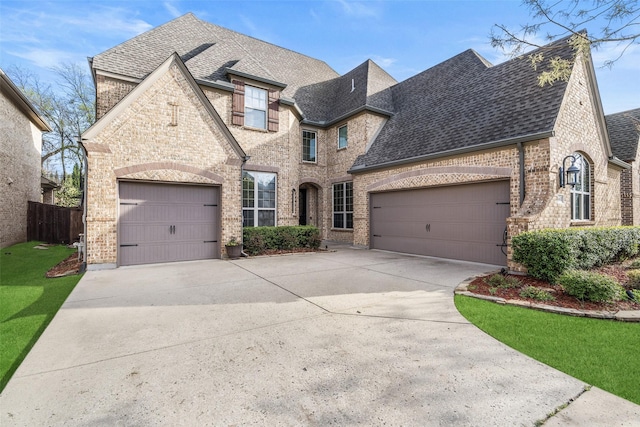 french provincial home featuring brick siding, roof with shingles, driveway, and a garage