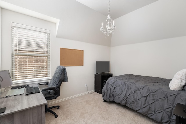 bedroom featuring baseboards, vaulted ceiling, light colored carpet, and an inviting chandelier