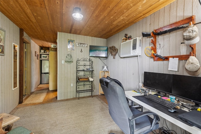 office area featuring a wall mounted air conditioner, wood ceiling, and wood walls