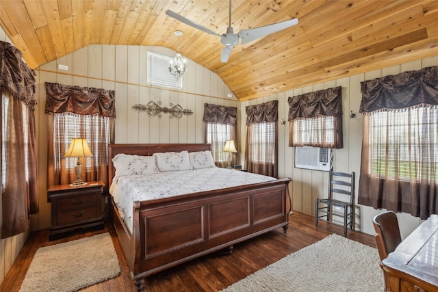 bedroom featuring cooling unit, vaulted ceiling, wood ceiling, ceiling fan, and wood finished floors