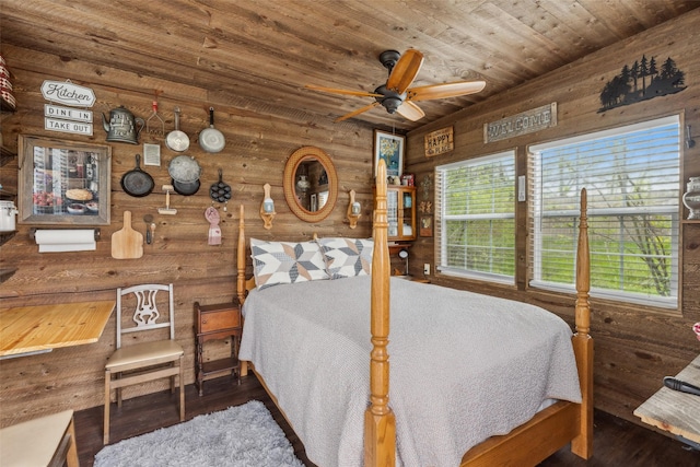 bedroom with wood finished floors, wooden walls, and wood ceiling