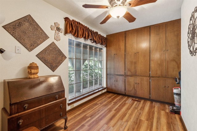 interior space with light wood-style flooring and a ceiling fan