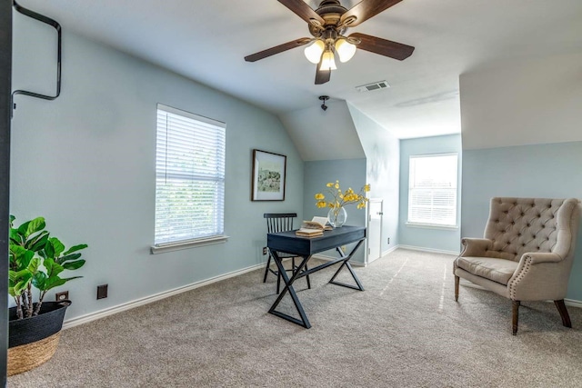 845 County Road 490, Princeton, TX 75407 - carpeted office space with baseboards, lofted ceiling, ceiling fan, and visible vents