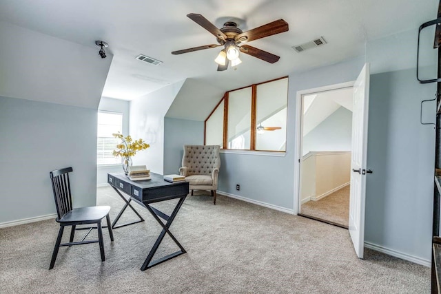 845 County Road 490, Princeton, TX 75407 - carpeted home office with baseboards, visible vents, lofted ceiling, and a ceiling fan