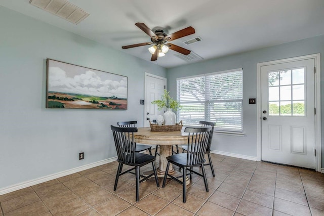 845 County Road 490, Princeton, TX 75407 - dining room featuring a ceiling fan, light tile patterned floors, baseboards, and visible vents