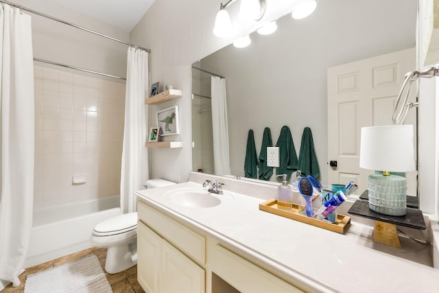 15596 Christopher Ln, Frisco, TX 75035 - bathroom featuring tile patterned floors, shower / bathtub combination with curtain, vanity, and toilet