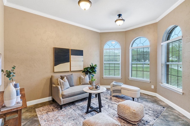 sitting room with plenty of natural light and ornamental molding